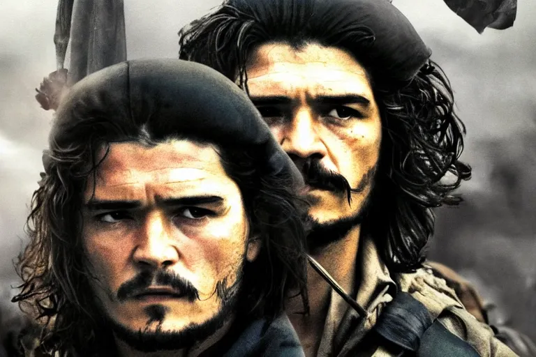 Image similar to Orlando Bloom as Che Guevara in 'Guevara' (2008), movie still frame, promotional image, imax 70 mm footage, oscar nominated cinematography, volumetric lighting, 8k resolution