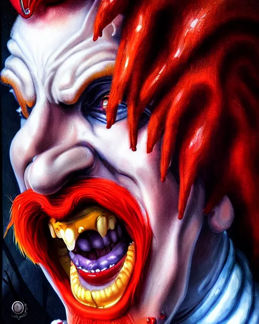 Image similar to dracula ronald mcdonald, character portrait, close up, concept art, intricate details, highly detailed, photorealism, hyperrealism in the style of otto dix and h. r giger