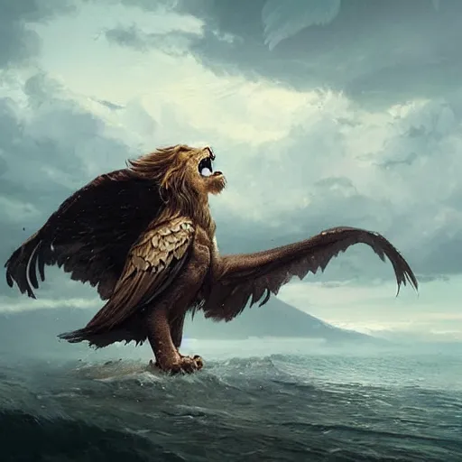 Image similar to A lion with eagle wings emerging from the sea , digital Art, Greg rutkowski, Trending artstation, cinematographic, hyperrealistic