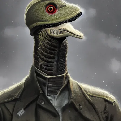 Image similar to a detailed matte painting of a retrofututist borg velociraptor wearing a beret, in nazi occupied france, french resistance, 8 k, artstation, art in a noir crime novel style