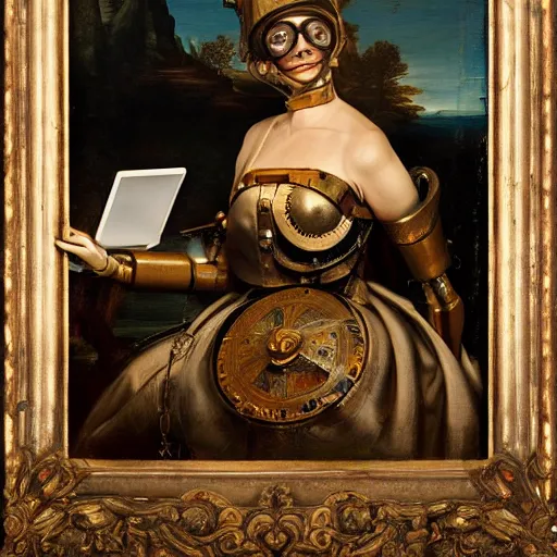 Image similar to Renaissance painting with steampunk elements of a female robot using a computer