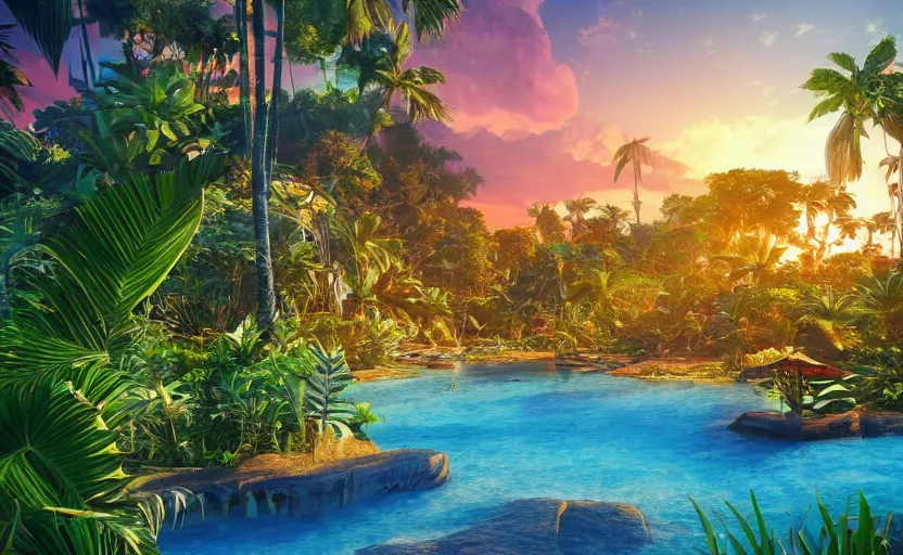 Image similar to a tropical resort in a jungle paradise, with a beautiful red and blue sunset, dynamic lighting, photorealistic fantasy concept art, trending on art station, stunning visuals, creative, cinematic, ultra detailed, ray tracing, sun rays