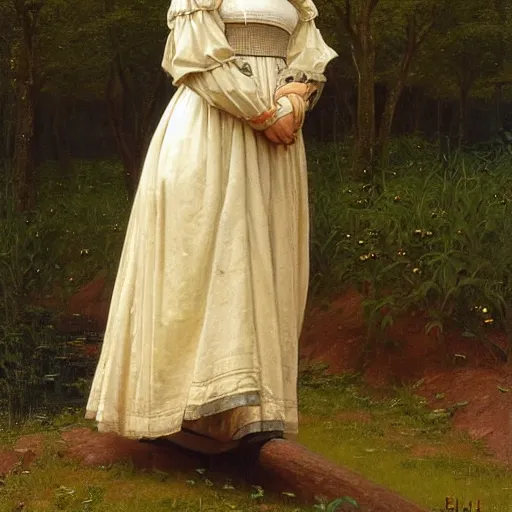 Prompt: “portrait painting by Edmund Blair Leighton of a beautiful young woman in medieval clothes, looking down at her feet with a confused expression, touching her waist with her hand, forest in the background, 4k oil on linen by Edmund Blair Leighton, highly detailed, soft lighting 8k resolution”