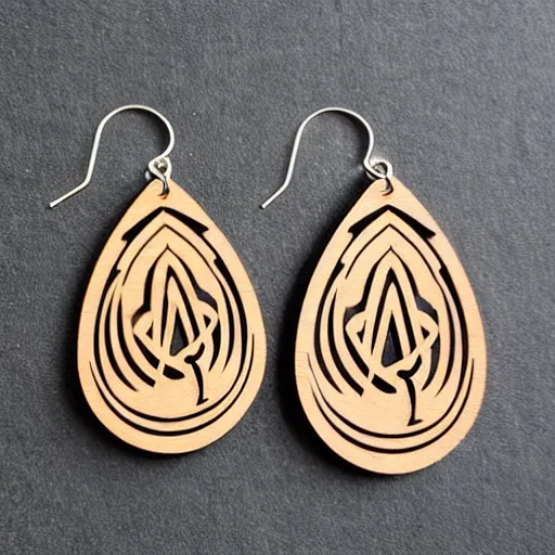 Image similar to 2 d wood lasercut earrings, mystical symbols, 8 k, hd, trending on amazon on artstation, trending on deviantart, trending on etsy, epic digital art