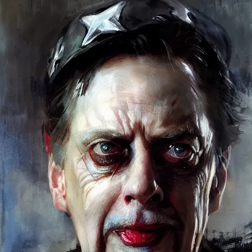 Image similar to portrait of an evil steve buscemi as captain america, by jeremy mann, anders zorn.