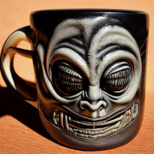 Prompt: a ceramic mug design by h. r. giger