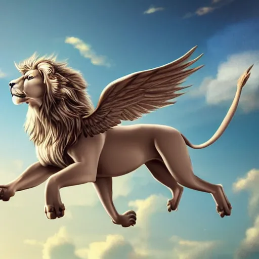 Image similar to a beautiful winged lion soaring through the sky, fantasy illustration