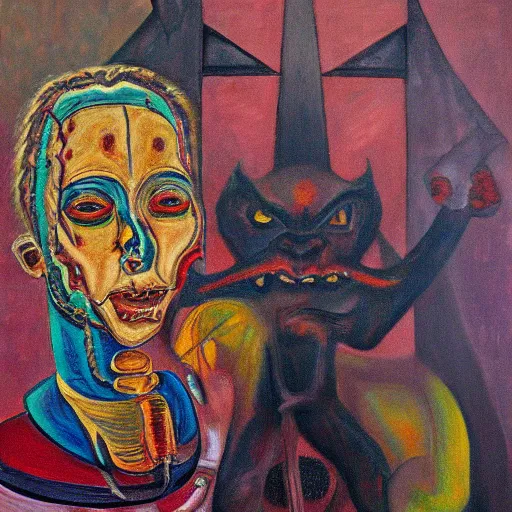 Image similar to portre of an autistic demon on acid, masonic and kabalistic symbols in background, oil painting