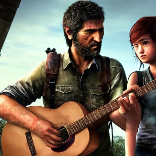 Prompt: Ellie and Joel from the last of us playing the guitar