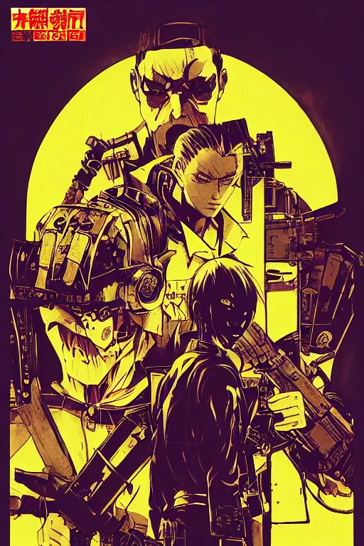 Prompt: professionally drawn seinen mature cyberpunk military horror action manga comic cover, full color, beautifully drawn coherent professional, drawn by ilya kuvshinov, ilya kuvshinov, satoshi kon, kentaro miura, dave mckean, tsutomu nihei. japanese script kanji hiragana on the cover. minimalist stylized cover art. yellow purple cel shaded