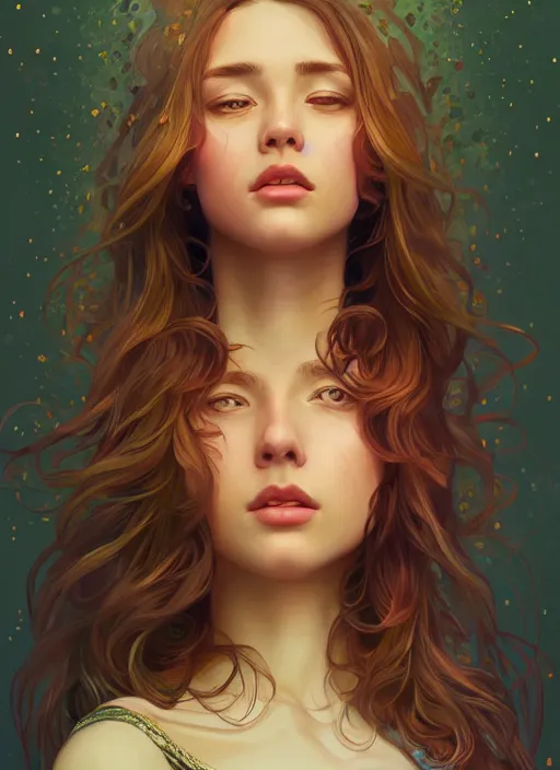 Image similar to handsome young women with shoulder length brown hair, half body shot, path traced, highly detailed, high quality, digital painting, alena aenami, lilia alvarado, shinji aramaki, karol bak, alphonse mucha, tom bagshaw