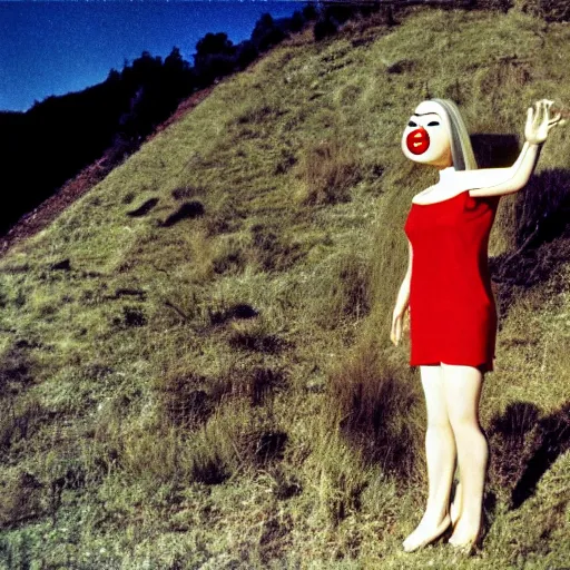 Prompt: 1970 woman on tv show with a long prosthetic nose, prosthetic eyeballs, wearing a dress on the hillside 1970 color archival footage color film 16mm holding a hand puppet Fellini Almodovar John Waters Russ Meyer Doris Wishman