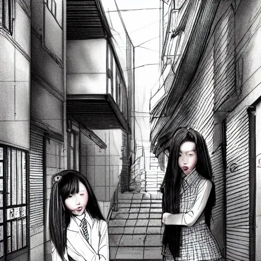 Prompt: a perfect, realistic professional digital sketch of a Japanese schoolgirls posing in a sci-fi alleyway, style of Marvel, full length, by pen and watercolor, by a professional American senior artist on ArtStation, a high-quality hollywood-style sketch, on high-quality paper