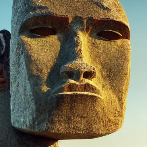 Image similar to worlds worst easter island statue with the face of the Rock, face of Dwayne Johnson, soft lighting, crepuscular rays, realistic octane render, 8k, ultra detailed, concept art