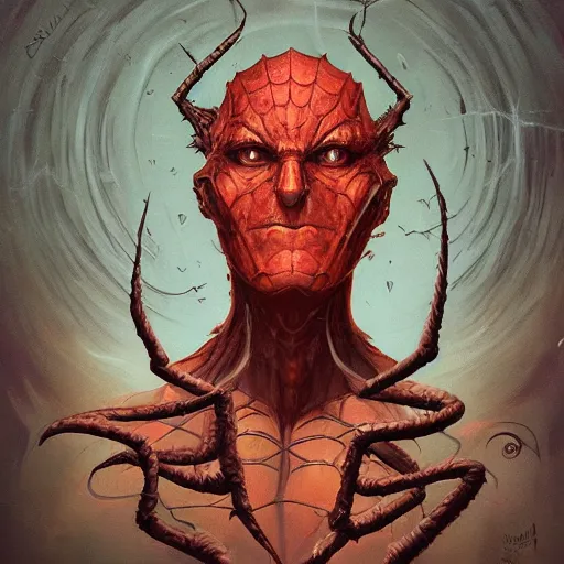 Image similar to Portrait of Handsome Spider Cryptid Model Standing, the humanoid. willian murai Pete Mohrbacher Raymond Swanlandy todd lockwood marc simonetti stephan matiniere Lamin Martin.