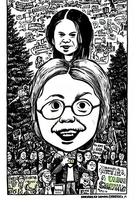 Image similar to greta thunberg as a cute robert crumb cartoon, head and shoulders