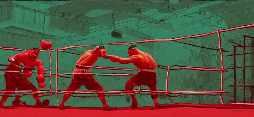 Image similar to handmade illustration of a vicious fight in an illegal boxing ring, bloody uppercut action shot knockout, line art, octane render with volumetric lighting, architectural illustration by MC Escher and cedric peyraavernay, industrial waste processing, bladerunner, green and red radioactive swamp, by Remedios Varo and Anato Finnstark and Greg Rutkowski, dayglo pink, dayglo blue, dazzle camouflage, 8k, trending on ArtStation