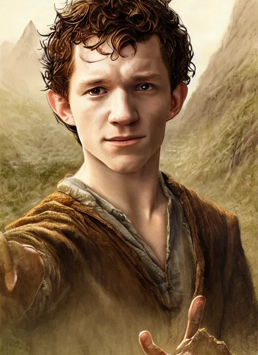 Prompt: portrait of tom holland as frodo, hobbit wearing a gold ring with engravings on his finger, by alan lee, lord of the rings, smooth, detailed terrain, oil painting, matte painting, concept art, trending on artstation, promotional artwork, film still, elegant, photorealistic facial features, intricate, detailed face, cinematic lighting