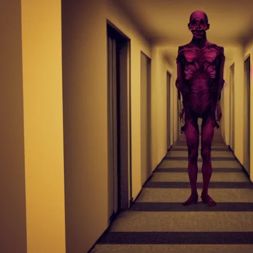 Prompt: a creepy photo of a human like creature standing in the hallway with an uncanny valley feel to it
