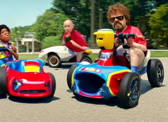 Image similar to peter dinklage racing emmanuel lewis driving a little tikes cars, movie still, from the new fast and furious movie, 8 k, realistic