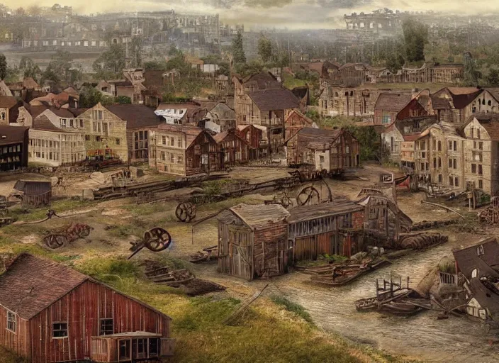 Prompt: realistic photo of a town, settlement, buildings, detailed scenery, industrial revolution time period