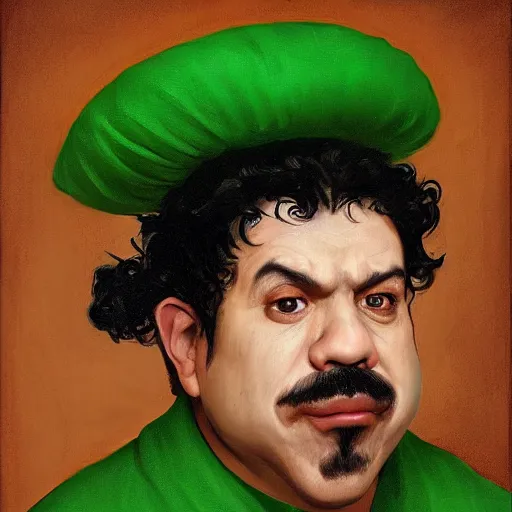 Image similar to hyper realistic, realistic - anime, portrait, beautifully rendered, italian garb, caricature, luis guzman as luigi wearing green, smirking deviously, luigi, luigi's nose, painted by jan van eyck, albrecht durer, gustave courbet, greg rutkowski, wlop, artgerm, dishonored 2,