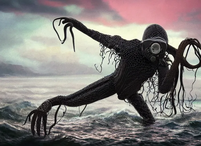 Image similar to landscape, a realistic portrait and realism, a humanoid kraken running with 1 9 th century wetsuit, fine art, sharp focus, ten flats, digital art, bright colors, trending on artstation, unreal engine.