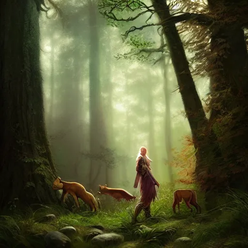 Image similar to a pretty female druid surrounded by forest animals, in the woods, hyper realistic, digital painting, photorealistic, in the style of greg rutkowski, highly detailed, cinematic