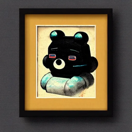 Image similar to a cute retro black pomeranian robot!!!!!! ( ( ( alcohol ink on parchment, muted colors, shading!!!, detailed, textured parchment background, 1 9 5 0 s concept art ) ) )