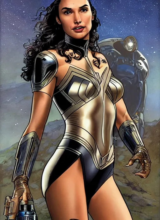 Image similar to portrait of gal gadot as a space ranger on an alien planet by clyde caldwell, rule of thirds