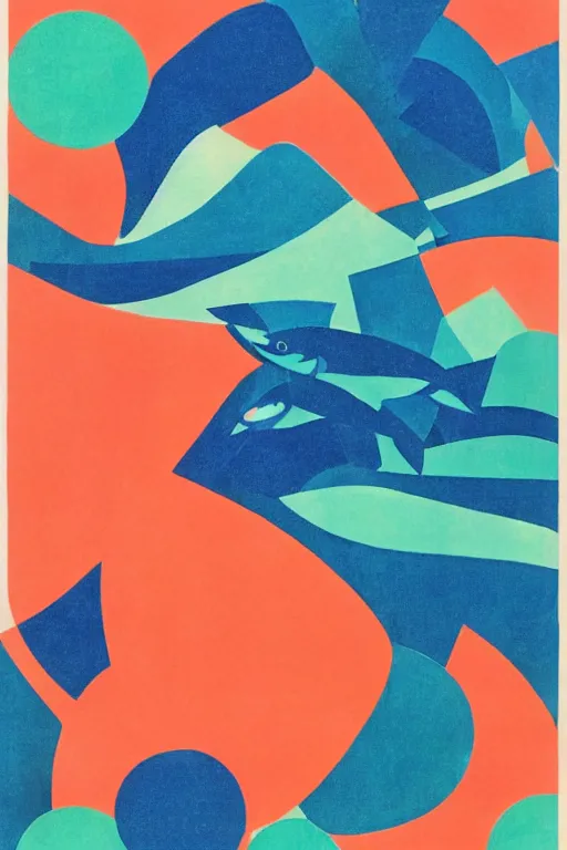Prompt: a massive colorful coral reef filled with a school of fish on a white background collage by Sonia Delaunay, risograph print, minimalist paper cutouts collage, japanese woodblock