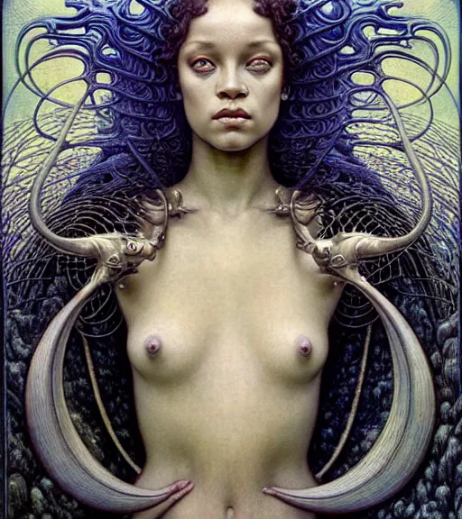 Image similar to detailed realistic beautiful young medieval alien robot rihanna face portrait by jean delville, gustave dore and marco mazzoni, art nouveau, symbolist, visionary, gothic, pre - raphaelite. horizontal symmetry by zdzisław beksinski, iris van herpen, raymond swanland and alphonse mucha. highly detailed, hyper - real, beautiful