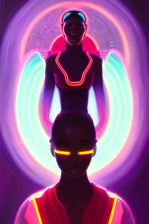 Image similar to patron saint of 🛸👩🏾, futuristic clothing, neon god of city character portrait, in the style of moebius, tom bagshaw, and waterhouse, cinematic lighting, beautiful, elegant, oil painting,