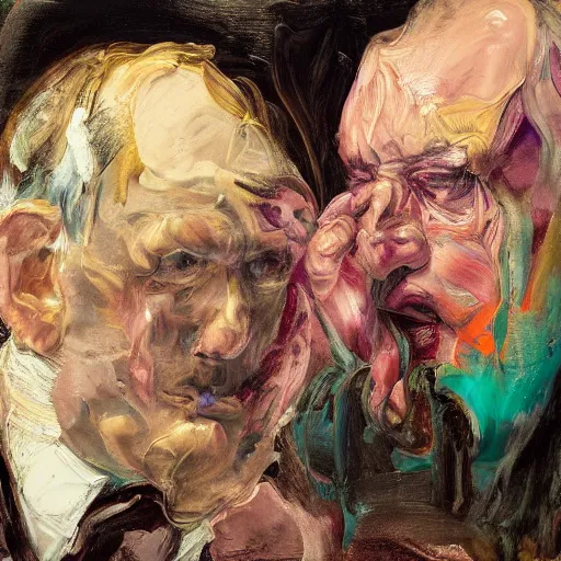 Prompt: high quality high detail expressionist painting of two men at a bar by nicola samori and lucian freud and jenny saville and norman rockwell and francis bacon and edvard munch, hd, anxiety, turquoise and purple and orange and pink