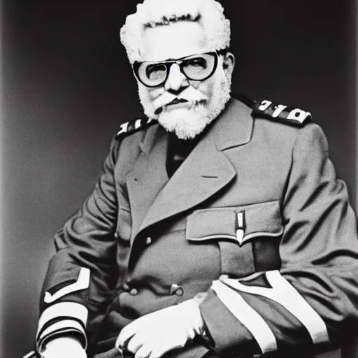 Prompt: colonel saunders as dictator, vintage photograph, old, monochrome, slightly blurry, vintage effect, grain effect