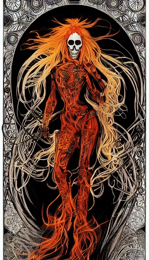 Image similar to a finely detailed beautiful!!! feminine cyberpunk ghost rider with skull face and long flowing hair made of fire and flames, dressed in black leather, by Alphonse Mucha, designed by H.R. Giger, legendary masterpiece, stunning!, saturated colors, black background, full body portrait, viewed from medium distance away so the full body is visible, trending on ArtStation