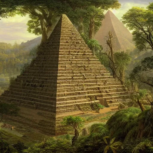 Image similar to a beautiful and highly detailed matte painting of an ancient pyramid in a lush forest, intricate details, epic scale, insanely complex, 8 k, sharp focus, hyperrealism, by caspar friedrich,