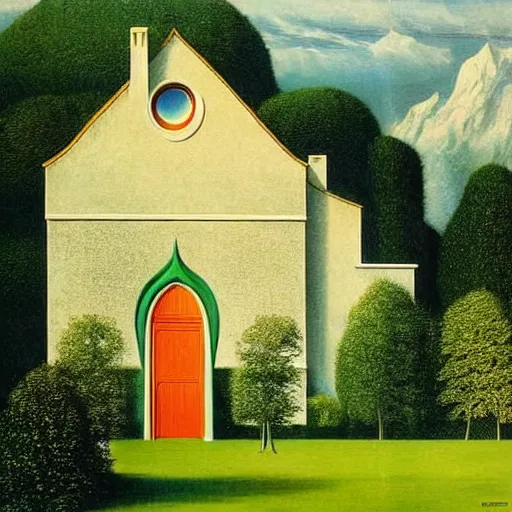 Image similar to elrond's house, rivendell, by rene magritte