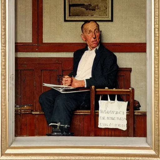 Image similar to A seated man waiting to be bought in a store. Painting by Norman Rockwell.