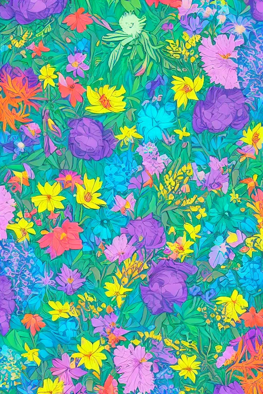 Prompt: forest with flowers blue, Digital Matte Illustration by Dan Mumford, lisa frank