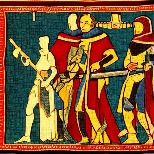 Prompt: medieval tapestry of a movie poster of a scifi film from 1200's