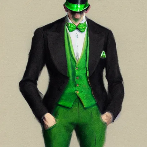 Image similar to hyper realistic, beautifully rendered, dapper fancy luigi wearing a green top hat, green suit and bowtie, smirking deviously, painted by greg rutkowski, wlop, artgerm, dishonored 2