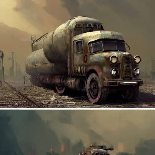 Prompt: a highly detailed epic cinematic concept art CG render digital painting artwork: dieselpunk Soviet truck inspired by a locomotive. By Greg Rutkowski, Ilya Kuvshinov, WLOP, Stanley Artgerm Lau, Ruan Jia and Fenghua Zhong, trending on ArtStation, subtle muted cinematic colors, made in Maya, Blender and Photoshop, octane render, excellent composition, cinematic atmosphere, dynamic dramatic cinematic lighting, precise correct anatomy, aesthetic, very inspirational, arthouse