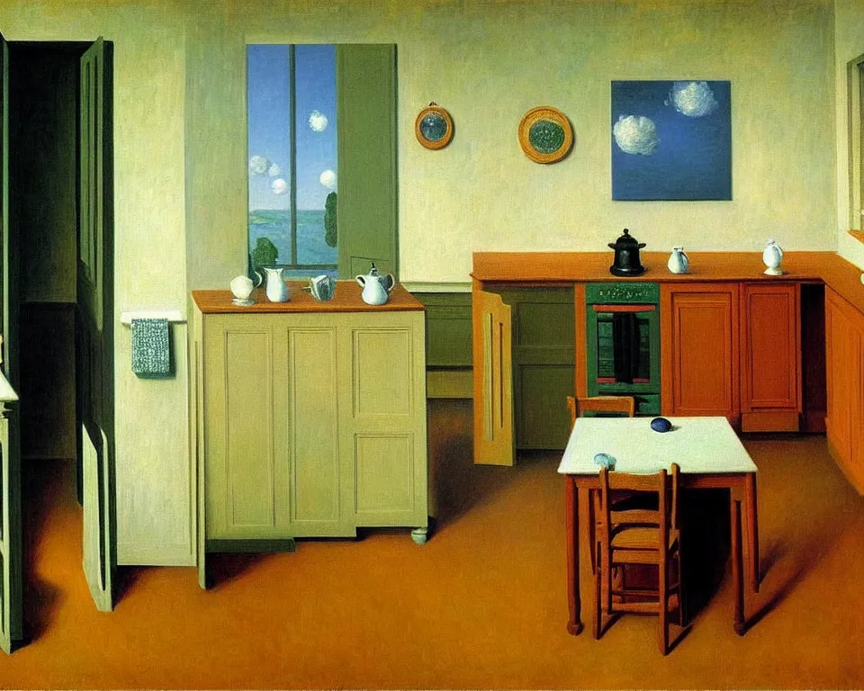 Image similar to achingly beautiful painting of a sophisticated, well - decorated kitchen by rene magritte, monet, and turner.