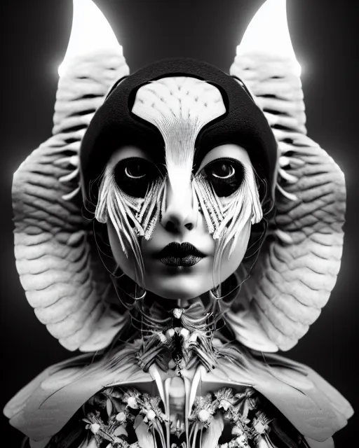 Image similar to surreal mythical dreamy dark artistic black and white fine art 3 / 4 fashion portrait photo of a young beautiful delicate female robot - witch - owl with orchid - doll face, rim light, cinematic, studio dramatic light, poetic, masterpiece, octane render, 8 k, photo - realistic by gustave dore hg giger