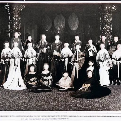 Image similar to A wide full shot, colored black and White Russian and Japanese mix historical fantasy a photograph portrait taken of inside a royal wedding shrine of the aisle, 1907 photo from the official wedding photographer for the royal wedding.