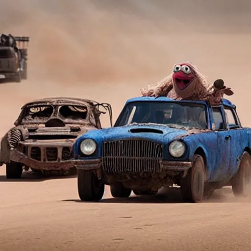 Prompt: Photo of muppets in mad max movie