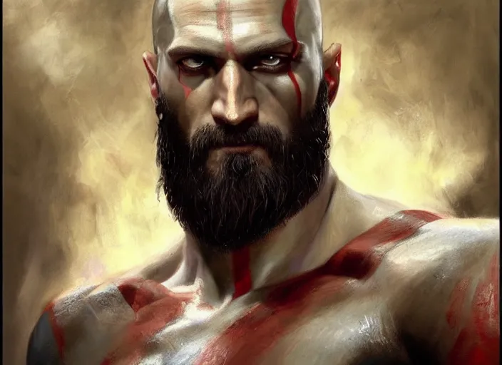 Image similar to a highly detailed beautiful portrait of alexander skarsgard kratos hybrid god of war, by gregory manchess, james gurney, james jean, octane, fantasy