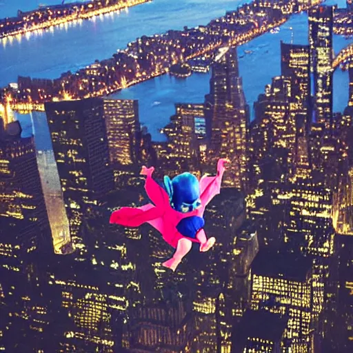 Prompt: baby yoda skydiving onto new York city at night