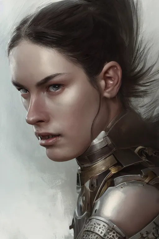 Image similar to a photorealistic painting of an attractive young girl, partially clothed in battle armor, olive skin, long dark hair, beautiful bone structure, symmetrical face, perfect eyes, intricate, elegant, digital painting, concept art, illustration, sharp focus, minimal artifacts, from Metal Gear, in the style of Ruan Jia and Mandy Jurgens, by Greg Rutkowski, trending on Artstation, award winning